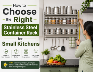 Stainless steel 2-tier container rack organizing spice jars in a small kitchen