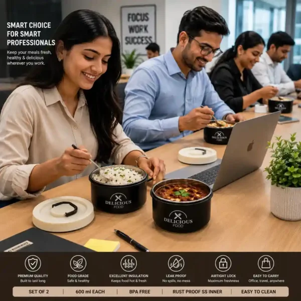 Premium lunch containers used by professionals in office workspace