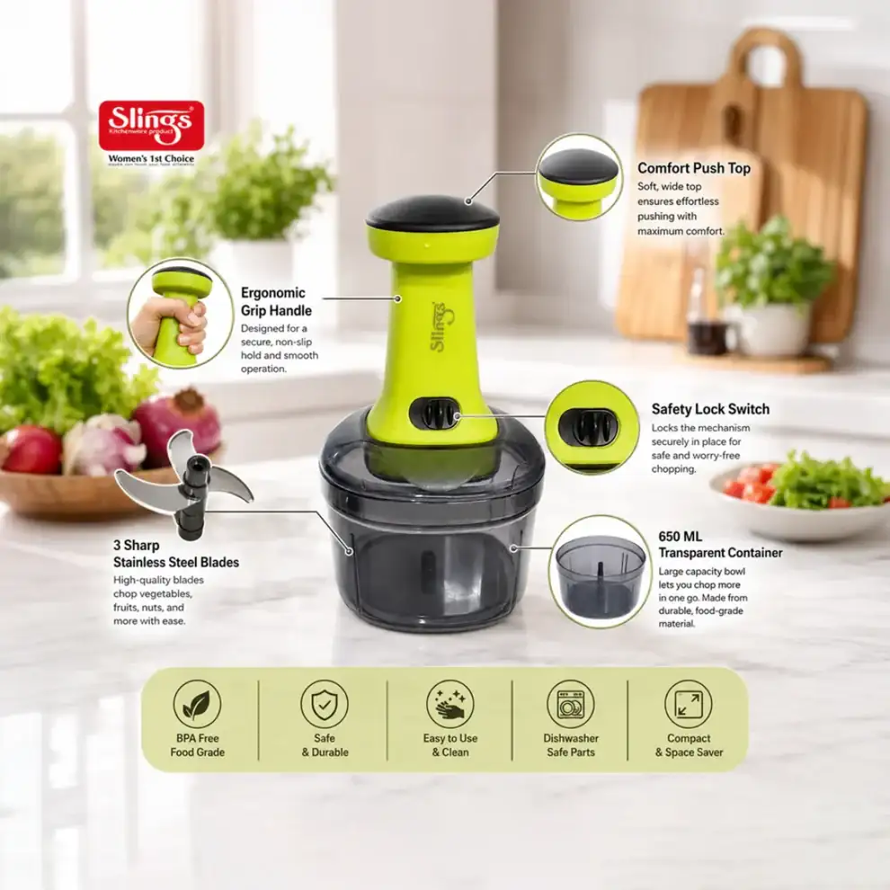 Durable food chopper with safety lock and grip