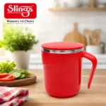 Premium red insulated mug with lid on kitchen countertop