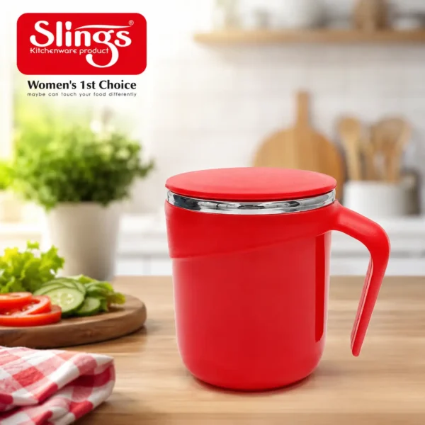 Premium red insulated mug with lid on kitchen countertop