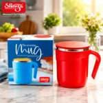 Red insulated coffee mug with retail packaging and lid