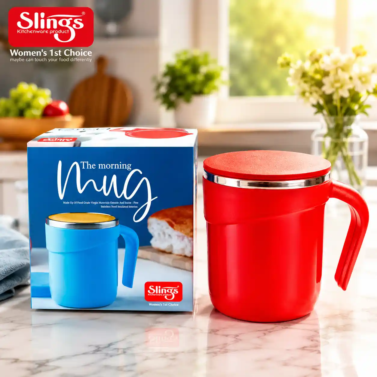 Red insulated coffee mug with retail packaging and lid