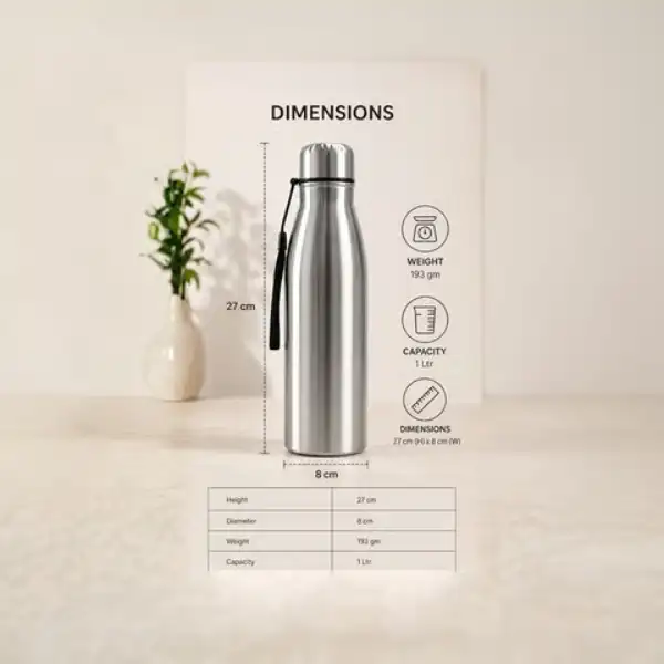 Premium stainless steel bottle with dimensions and capacity details