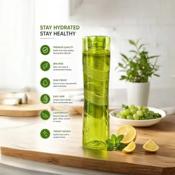Stylish green water bottle with healthy lifestyle display