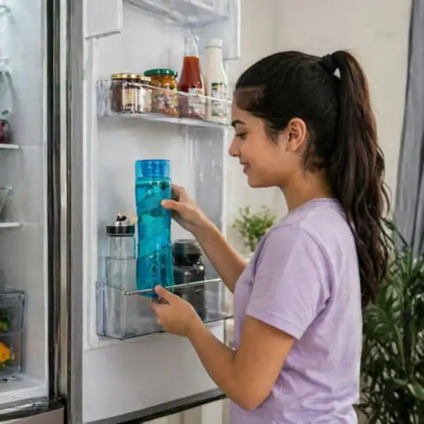 Best blue water bottle stored inside refrigerator door