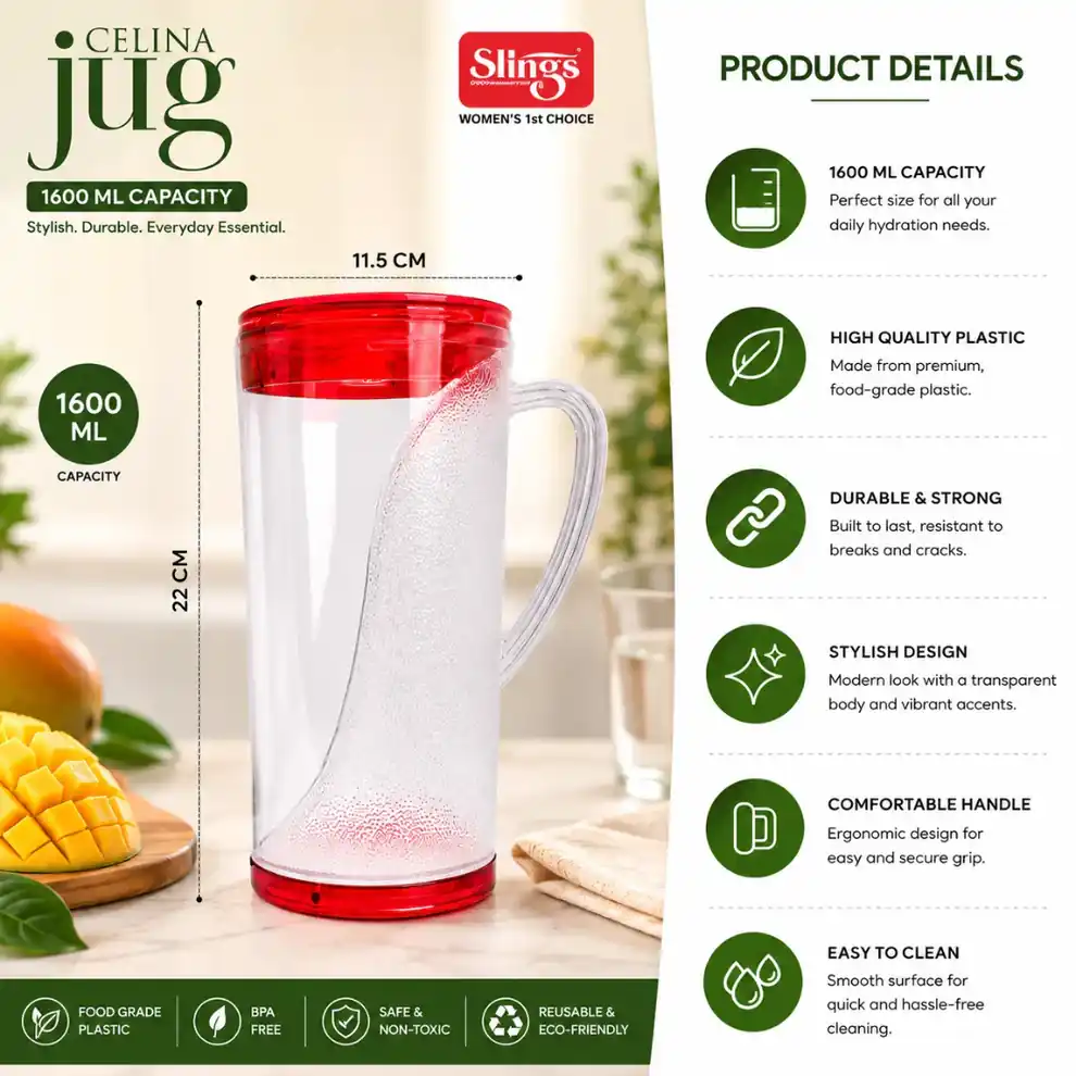 Durable 1600ml Celina water jug showcasing dimensions and key features