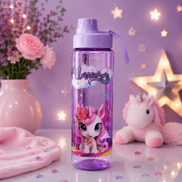 Premium unicorn water bottle with dreamy pastel room background