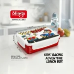 Text: BPA-free kids lunch box with racing theme and compact dimensions shown.