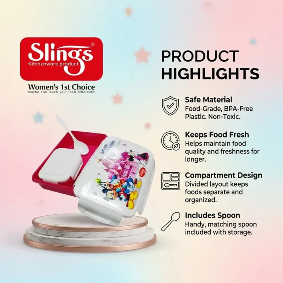 Safe compartment lunch box with spoon and food storage features.