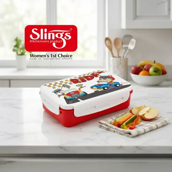 Durable kids racing lunch box with colorful design on modern kitchen countertop.