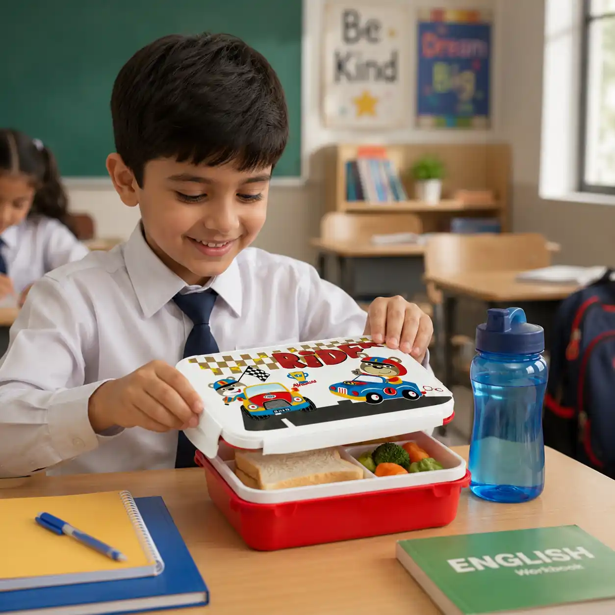 Cheerful school student opening colorful racing lunch box during lunchtime.