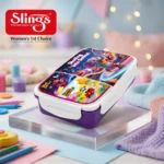Colorful kids lunch box with cartoon design on kitchen counter