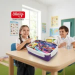 School children enjoying colorful lunch box during classroom break
