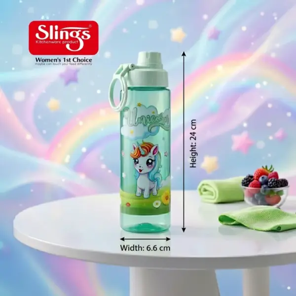 Slings Magical Unicorn water bottle in green with cute unicorn print for kids
