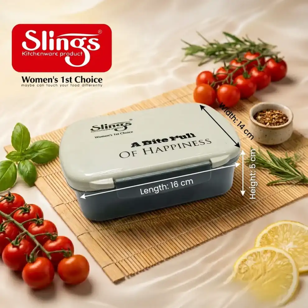 Food storage lunch box with dimensions and fresh ingredients