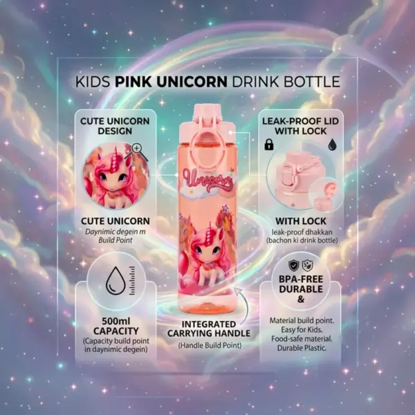 Slings unicorn kids water bottle 500ml with lightweight design for school and travel