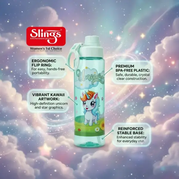 Slings unicorn kids water bottle 500ml with lightweight design for school and travel