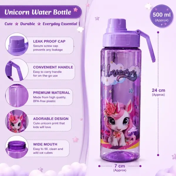 Slings purple unicorn water bottle 500ml with cute design for kids