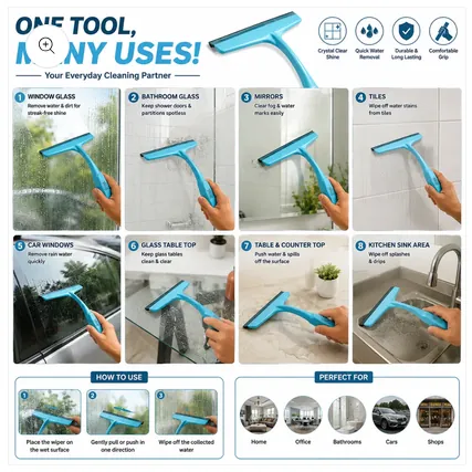 Multi-purpose silicone glass wiper suitable for home, office, and car windows.