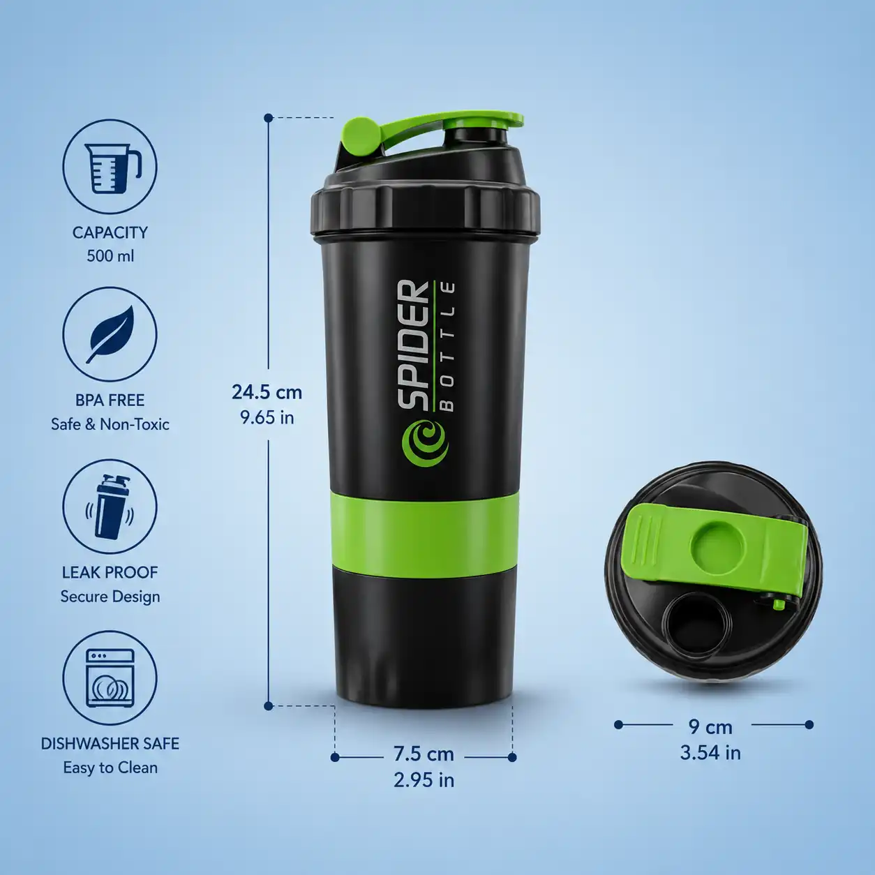 Spider shaker bottle dimensions with capacity and feature details