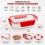 Airtight food storage container with dimensions and key features