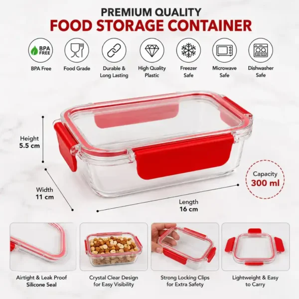 Airtight food storage container with dimensions and key features