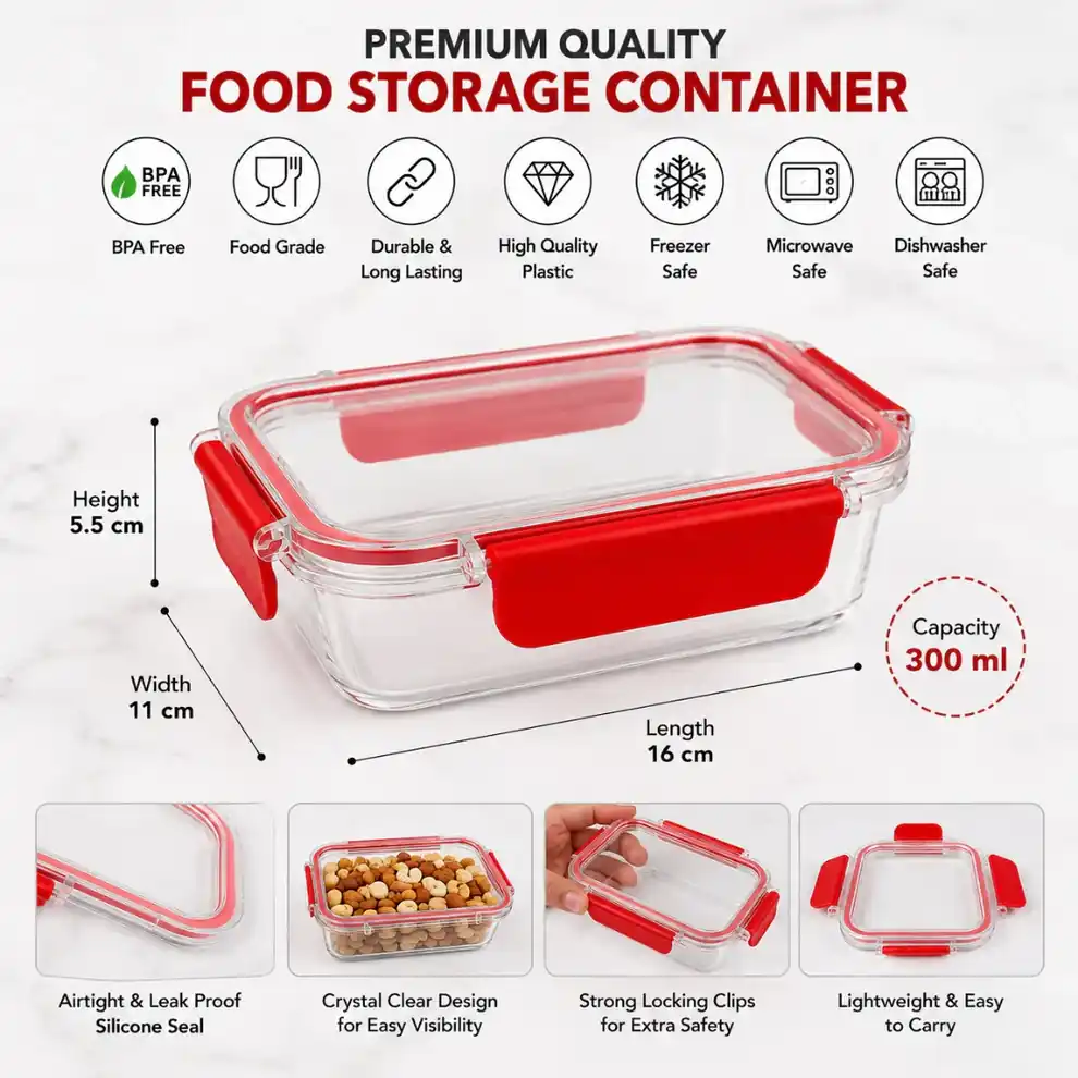 Airtight food storage container with dimensions and key features