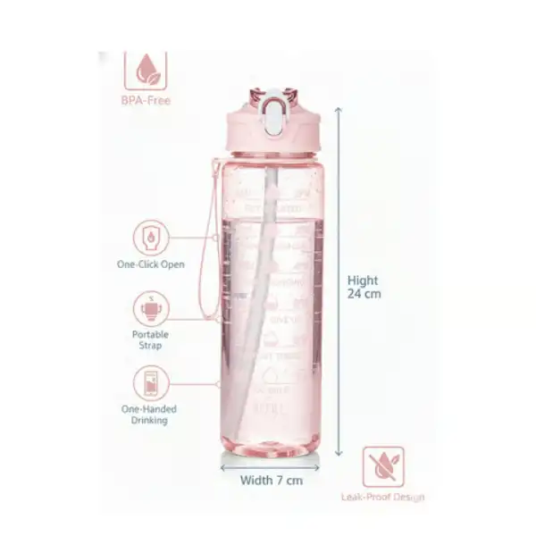 BPA-free motivational water bottle with dimensions and features