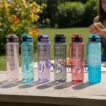 Colorful motivational water bottles displayed for outdoor activities
