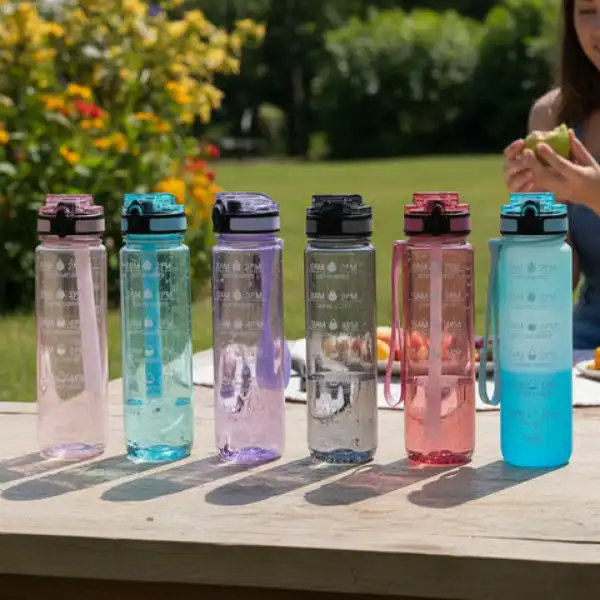 Colorful motivational water bottles displayed for outdoor activities
