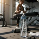 Durable fitness water bottle placed inside modern gym setting