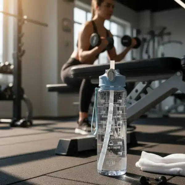 Durable fitness water bottle placed inside modern gym setting