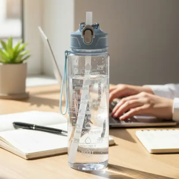 Premium hydration bottle on office desk for daily use