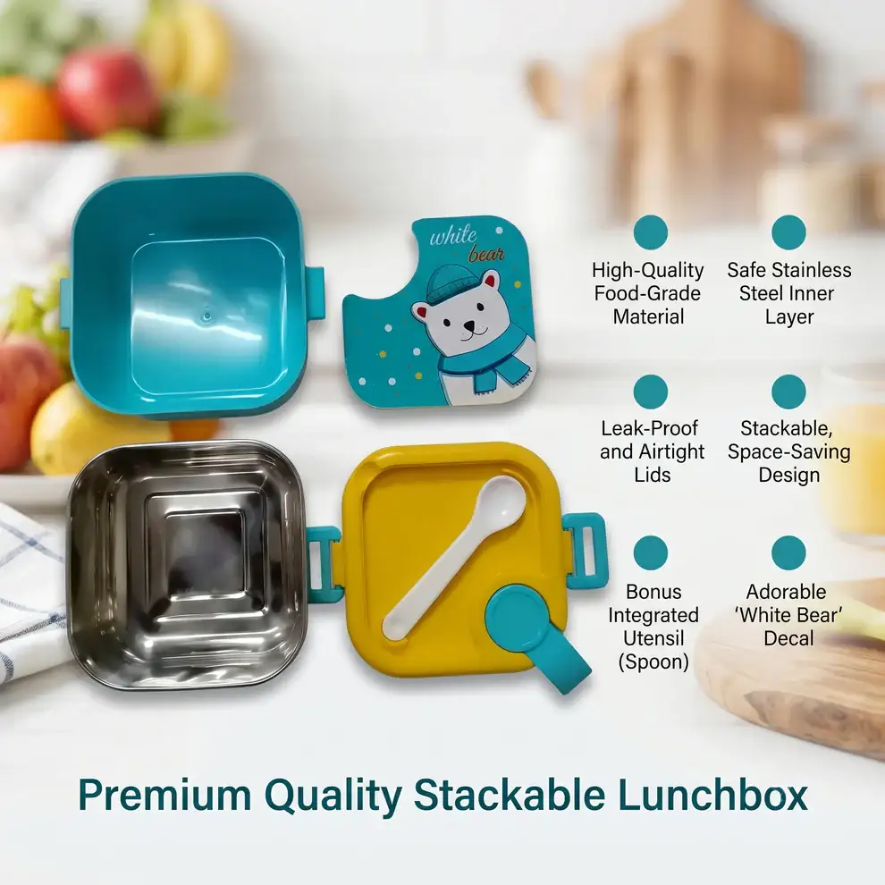 Durable stackable lunch box with stainless steel inner tray and spoon