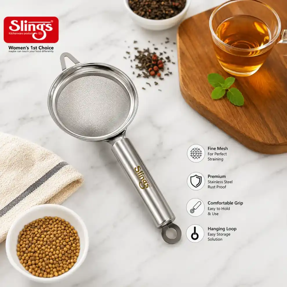 Premium fine mesh tea strainer beside hot tea and spices