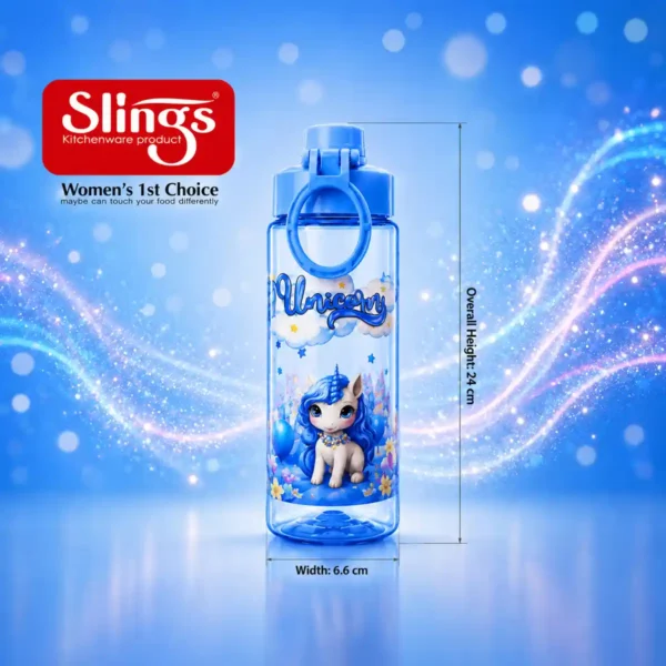 Durable unicorn bottle with size and dimension details
