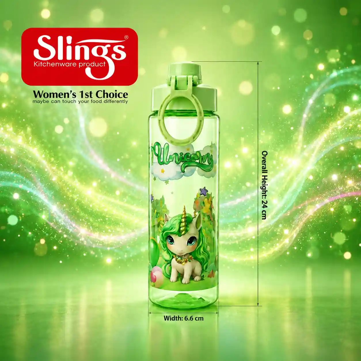 Durable unicorn bottle with size and dimension details