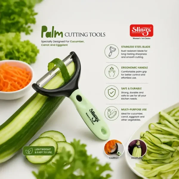 Professional vegetable peeler slicing cucumber with premium stainless steel blade.