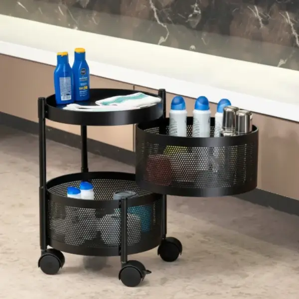 2 layer round storage trolley with wheels for kitchen and home organization