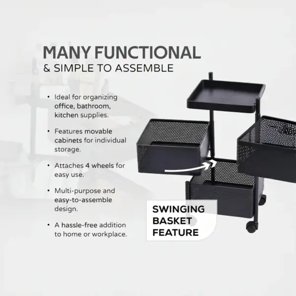 black 3-layer multipurpose storage trolley for home