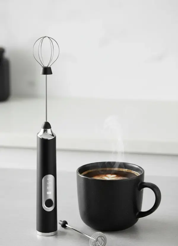 Rechargeable handheld milk frother and coffee beater with stainless steel whisk