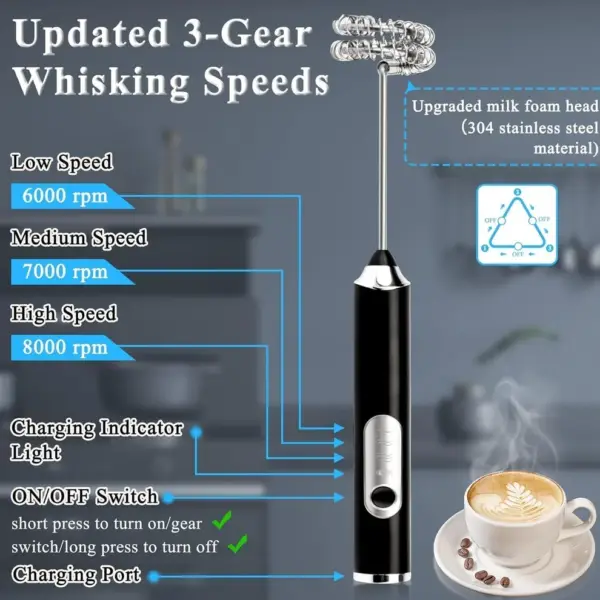 Handheld milk frother with stainless steel whisk for frothing milk and coffee
