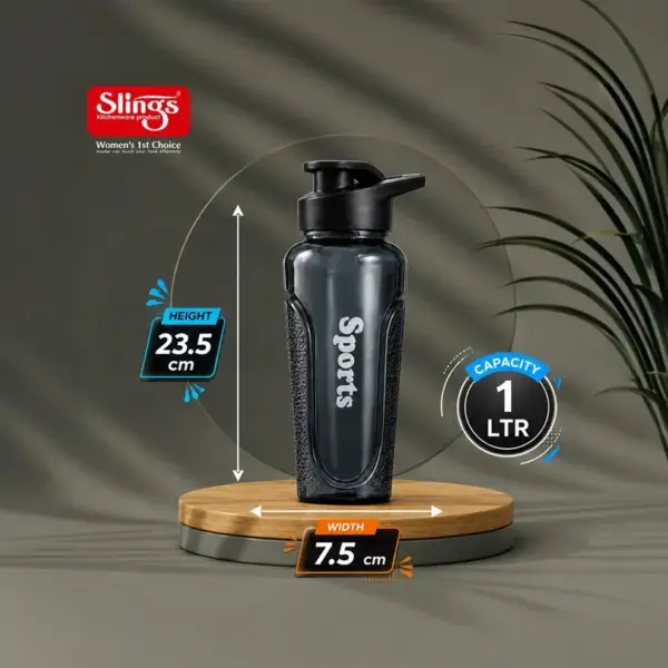 Slings black 1 litre sports water bottle made from BPA-free plastic
