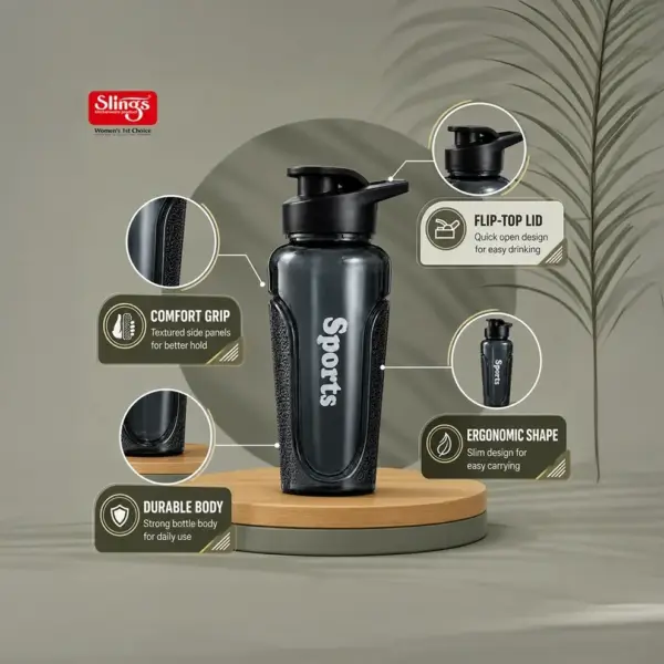 Slings BPA-free black sipper bottle with leak-proof flip-top lid
