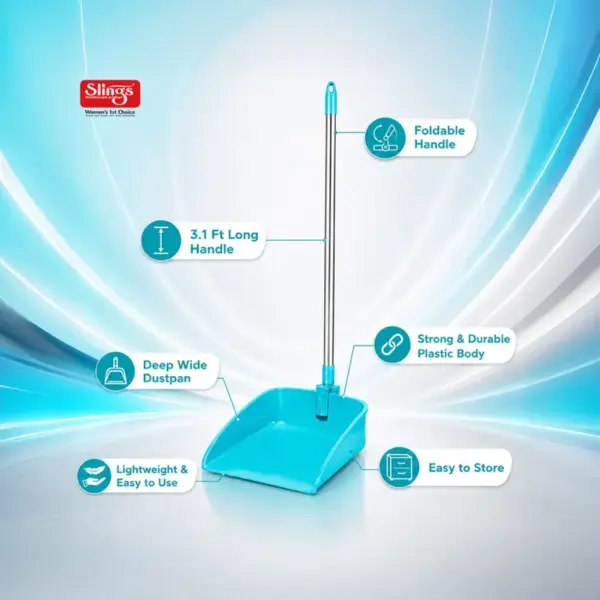 Slings dust pan with foldable long handle for convenient storage and cleaning
