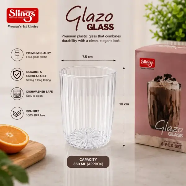 Slings Glazo plastic drinking glasses for home kitchen dining and everyday beverage serving