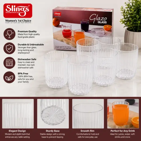 Slings Glazo premium plastic glasses with stylish design for home and dining use
