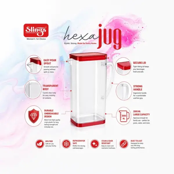 Slings Hexa jug with comfortable handle and easy-pour spout for convenient serving