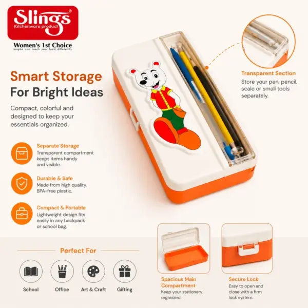 Slings kids pencil box with transparent storage section for stationery